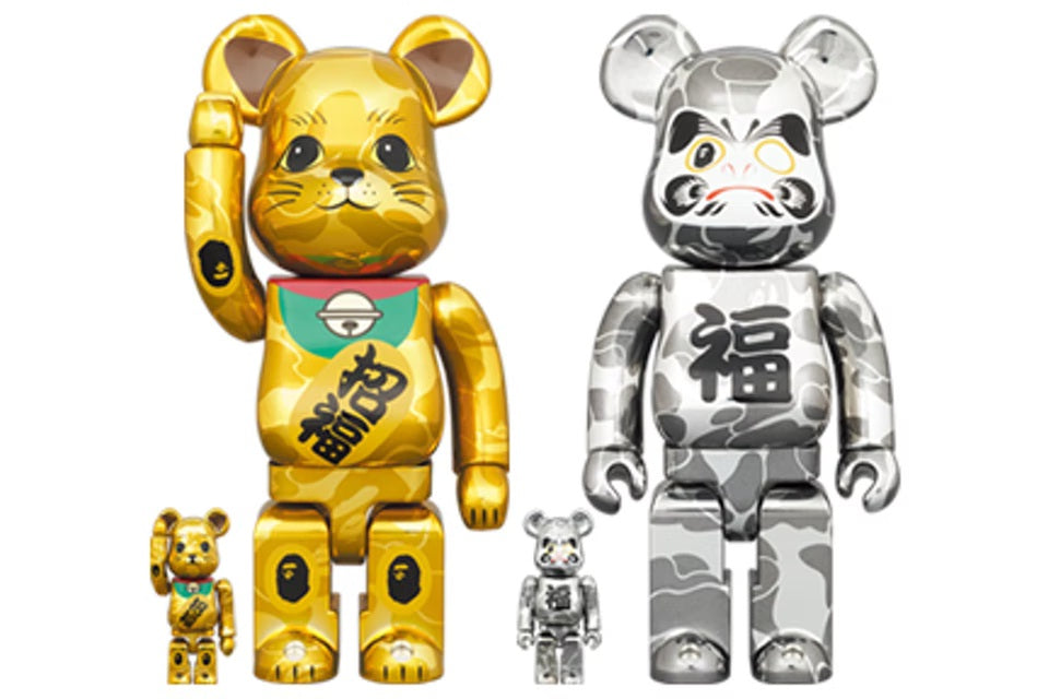 Bearbrick x BAPE Maneki Neko & Daruma 100% & 400% 4x Set Gold & Silver Plated